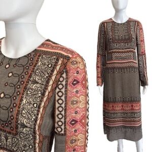 Zara Trafauluc Geometric Aztec Pattern Midi Dress Size M Long Sleeve A-Line Boho